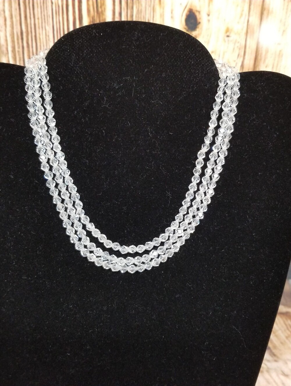 Vintage Art Deco Style Faceted Crystal 3 Strand Bead Necklace Sterling Clasp